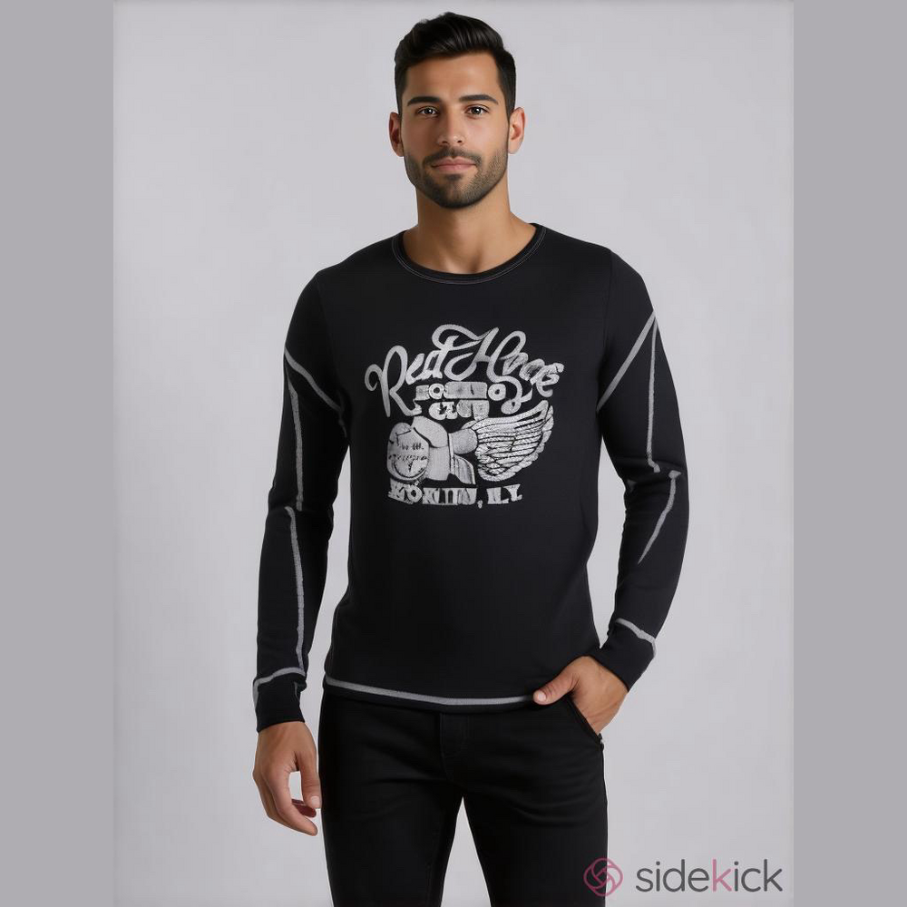 True Religion Men's 2XL Black Thermal Long Sleeve Graphic T-Shirt Boxing Theme